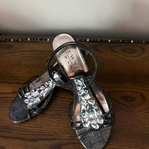 Metallic charcoal gray wedge heels